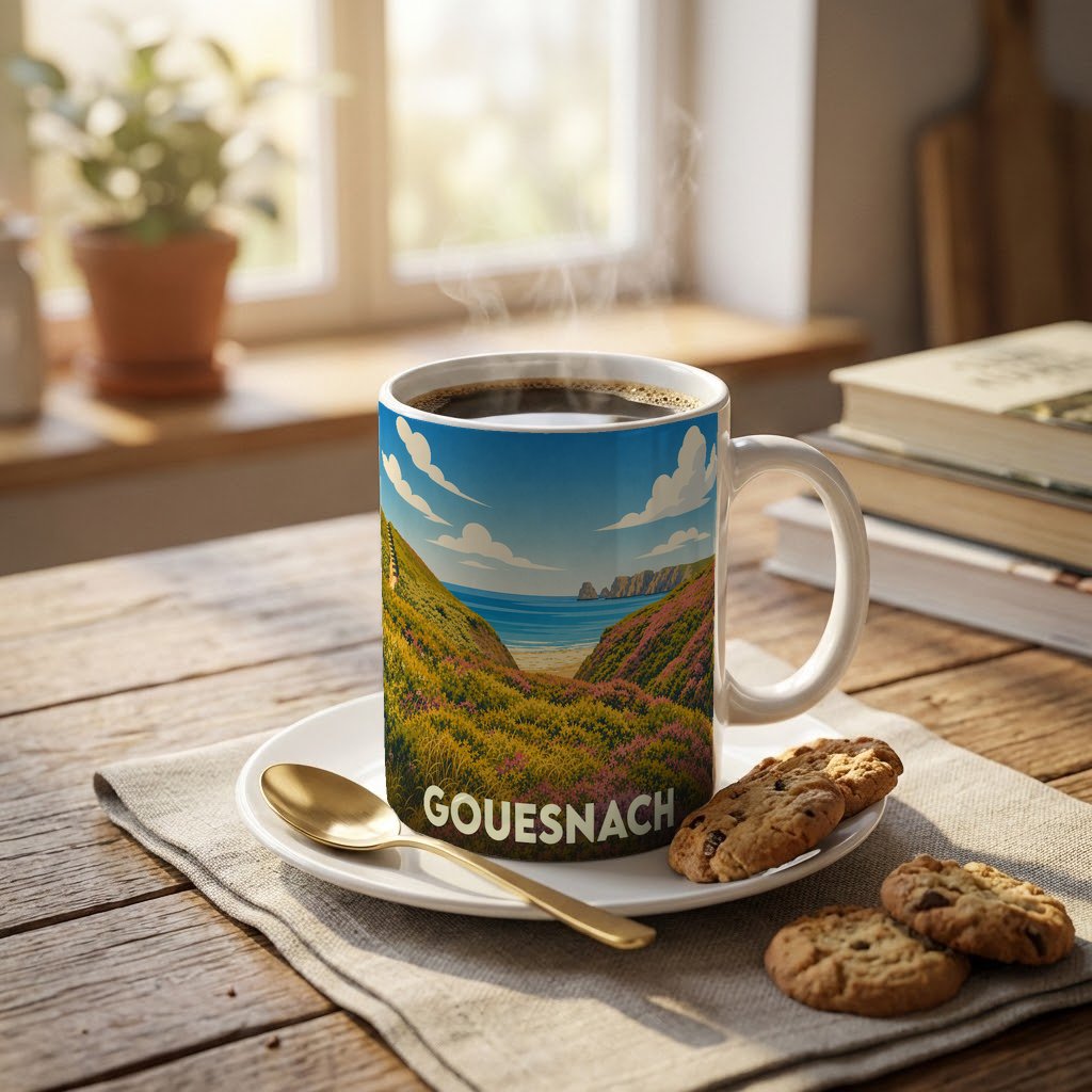 Mug souvenir de la ville de Gouesnach illustré d'un paysage côtier stylisé.