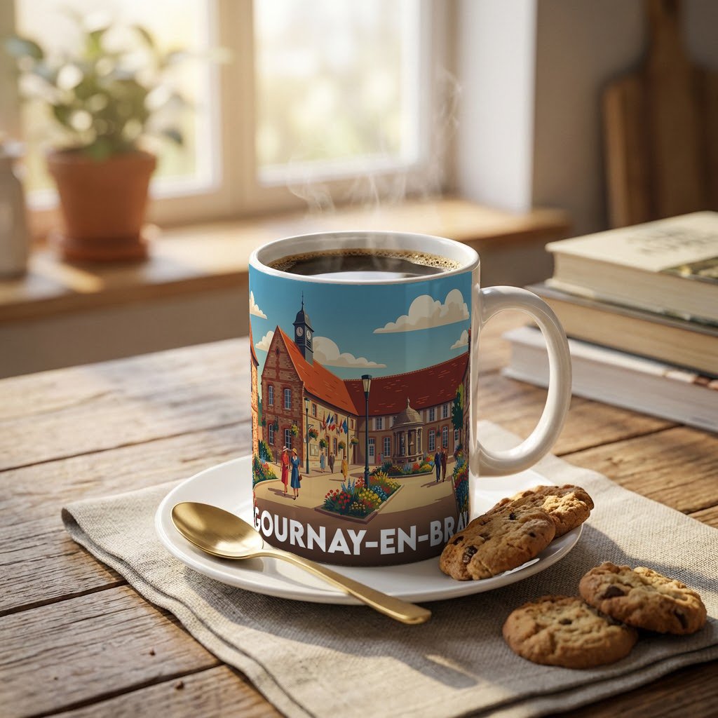 Mug souvenir de la ville de Gournay-en-Bray avec une illustration stylisée de son centre historique.
