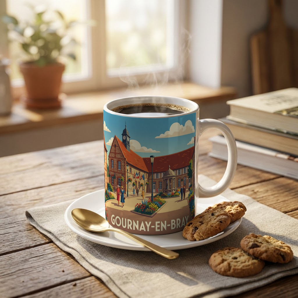 Mug souvenir de la ville de Gournay-en-Bray avec une illustration stylisée de son centre historique.