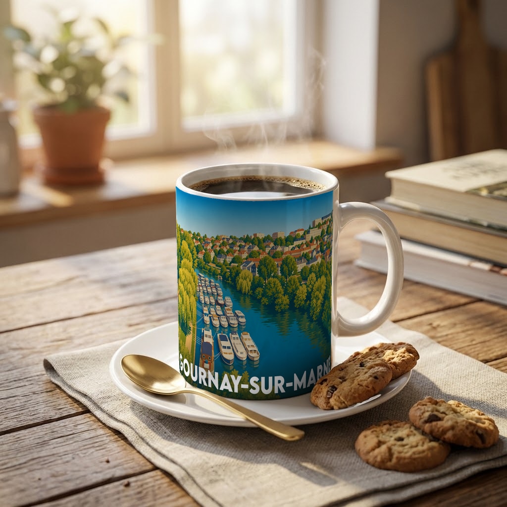 Mug souvenir de la ville de Gournay-sur-Marne illustré d'une vue stylisée de la Marne et ses bateaux.
