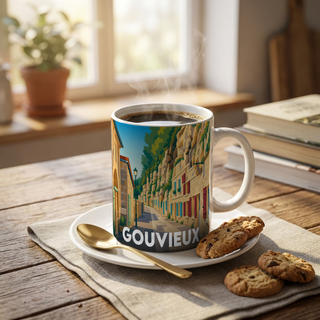 Mug souvenir de la ville de Gouvieux avec une illustration stylisée représentant ses maisons troglodytiques.