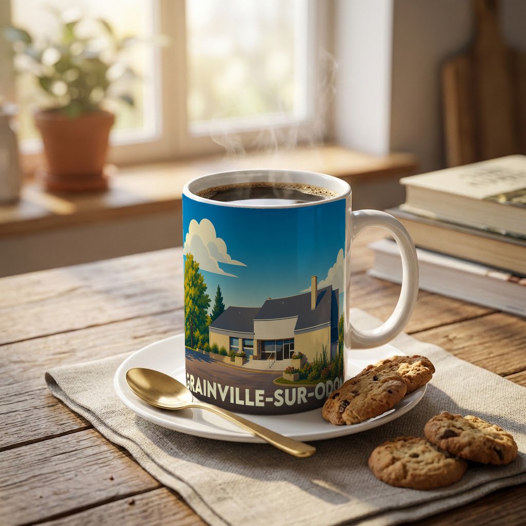 Mug souvenir de la ville de Grainville-sur-Odon avec une illustration stylisée d'un bâtiment local.