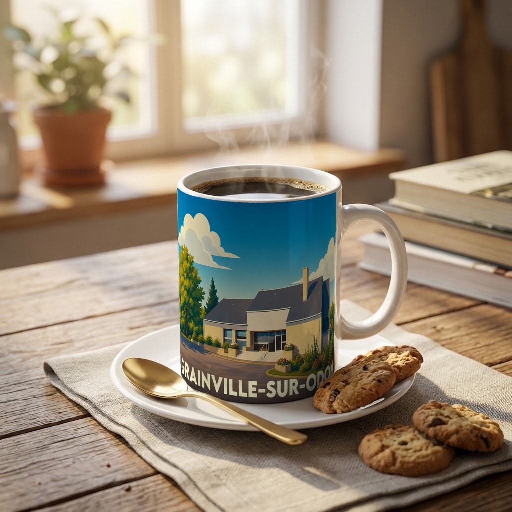Mug souvenir de la ville de Grainville-sur-Odon avec une illustration stylisée d'un bâtiment local.