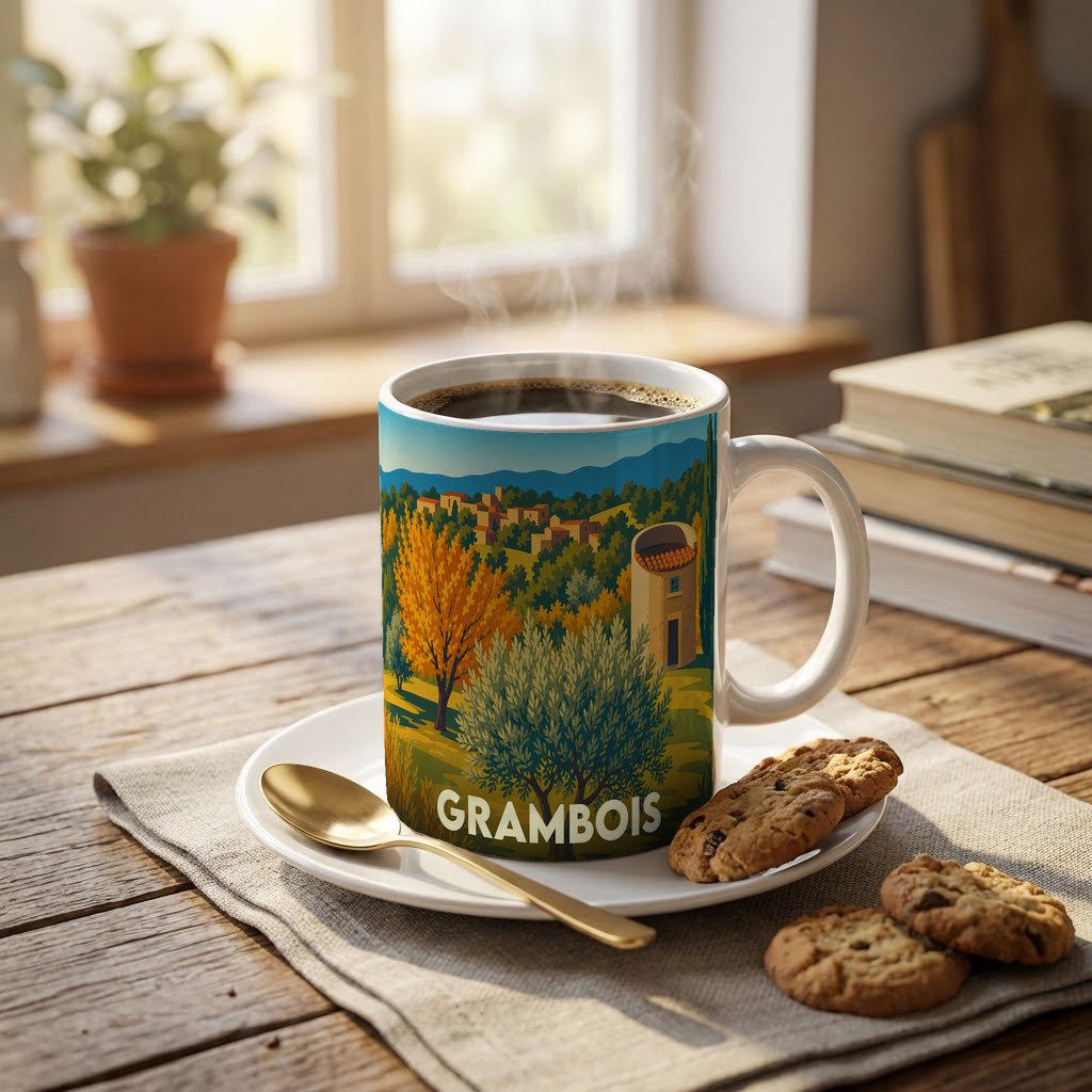 Mug souvenir de la ville de Grambois orné d'une illustration stylisée de paysages provençaux.