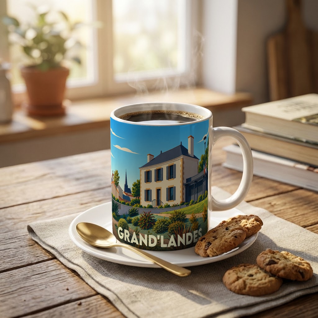 Mug souvenir de la commune de Grand'Landes orné d'une illustration stylisée de sa mairie.