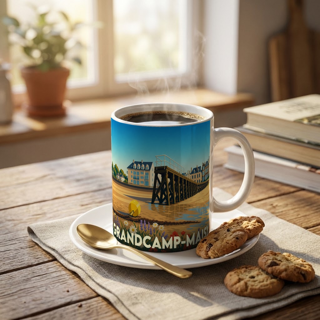 Mug souvenir de la ville de Grandcamp-Maisy avec une illustration stylisée de son front de mer.