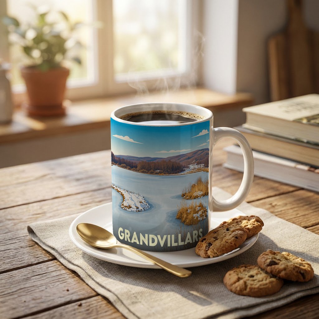 Mug souvenir de la ville de Grandvillars avec une illustration stylisée de paysage hivernal.