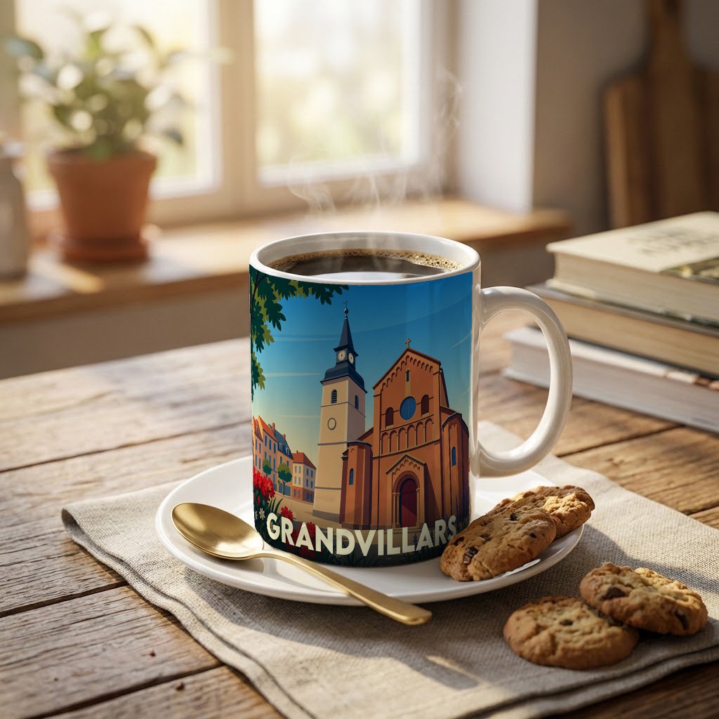 Mug souvenir de la ville de Grandvillars orné d'une illustration stylisée de son église et de ses bâtiments.