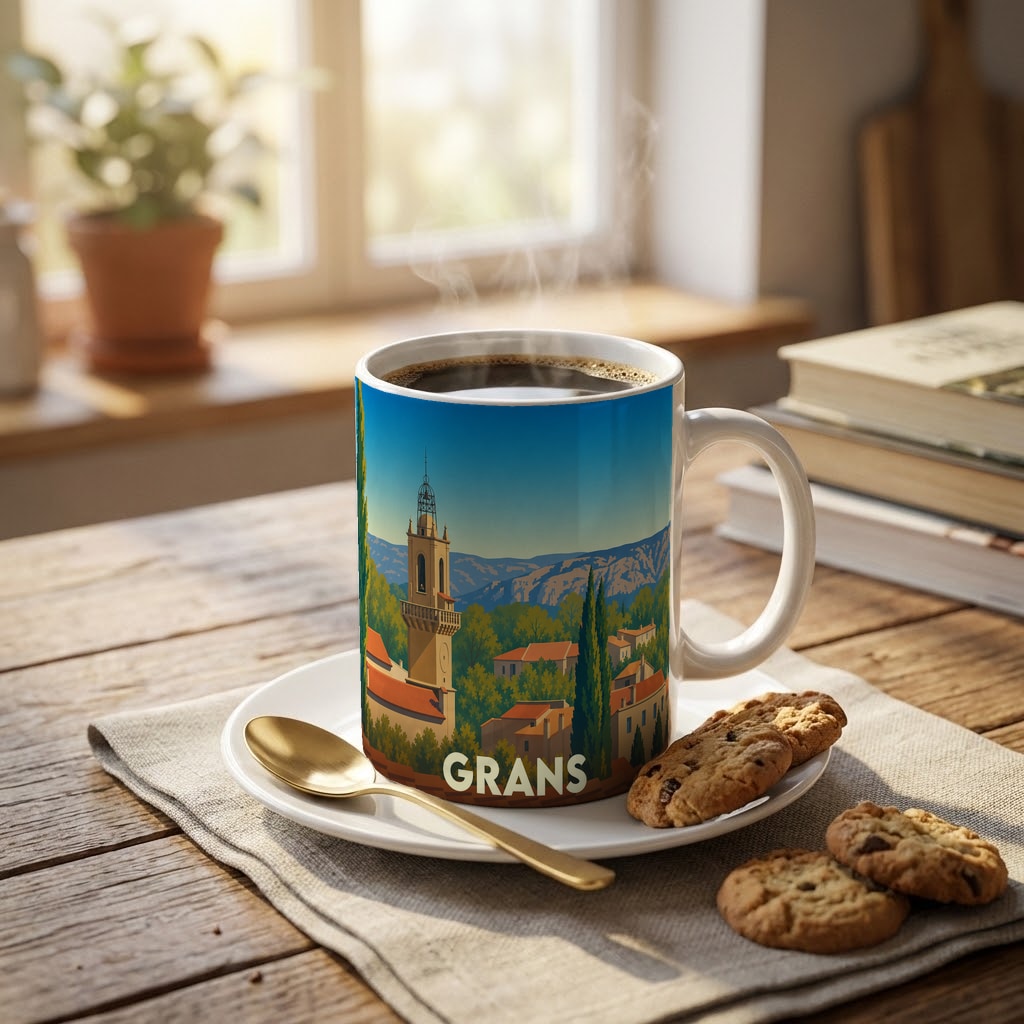 Mug souvenir de la ville de Grans illustré d'un paysage provençal stylisé.