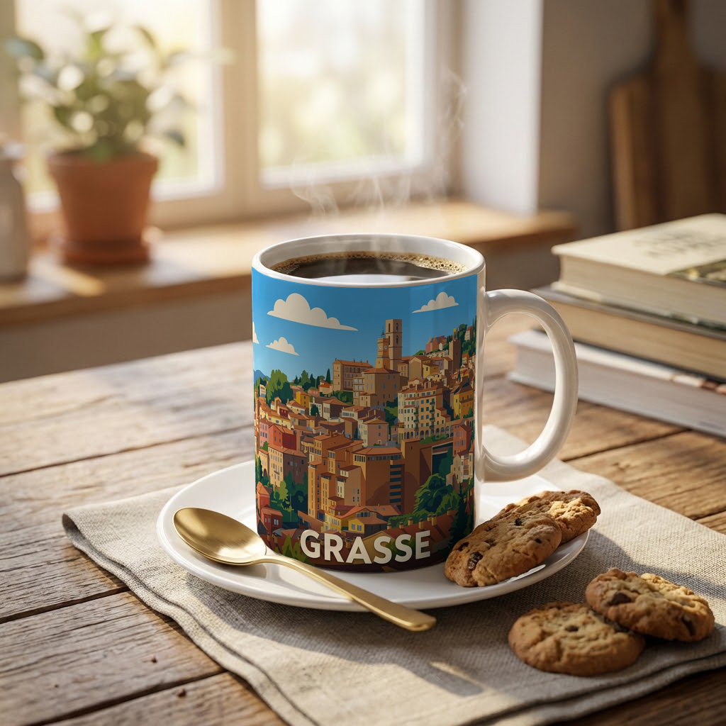 Mug souvenir de la ville de Grasse avec une illustration stylisée du panorama urbain.
