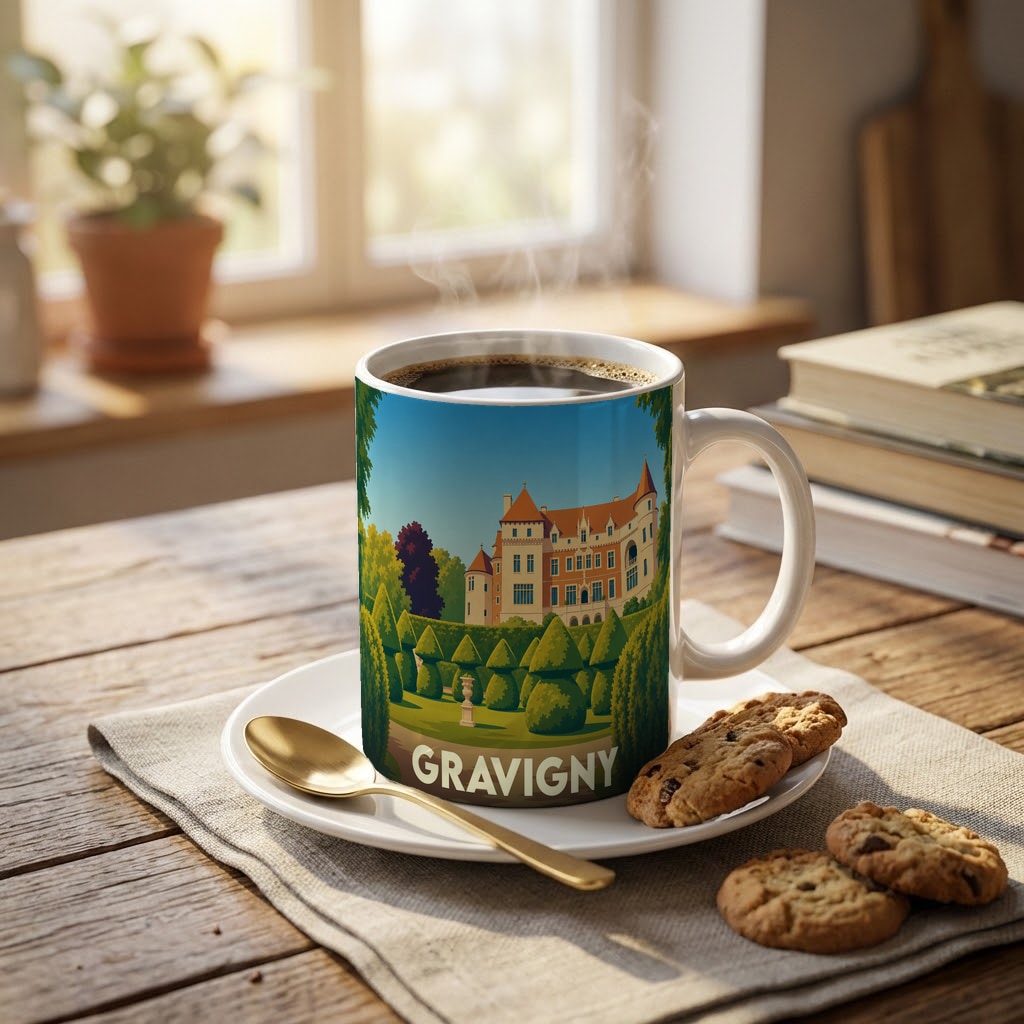 Mug souvenir de la ville de Gravigny orné d'une illustration stylisée de son château et de ses jardins.