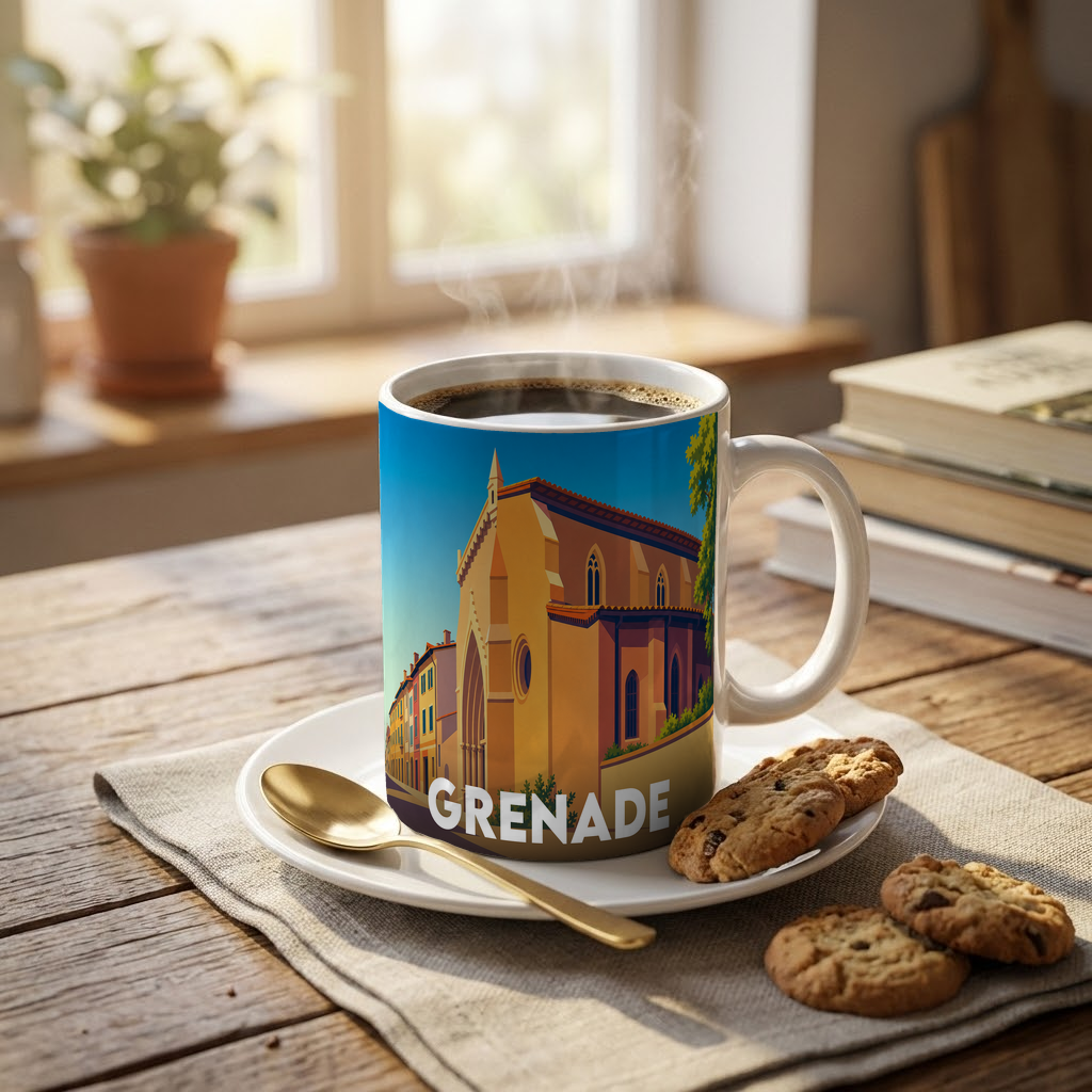 Mug souvenir de la ville de Grenade orné d'une illustration stylisée de son architecture.