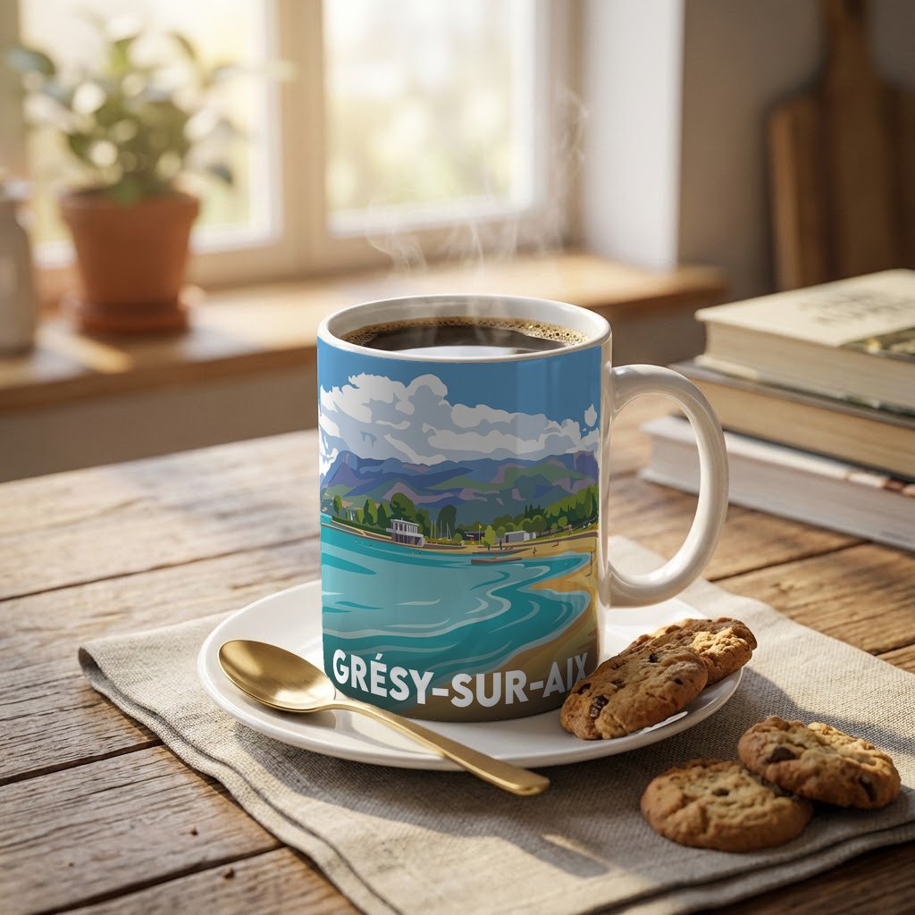 Mug souvenir de la ville de Grésy-sur-Aix avec une illustration stylisée de paysage.