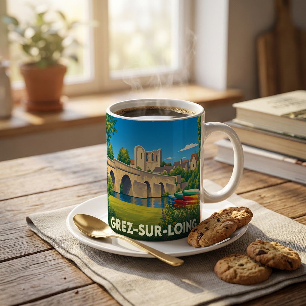 Mug souvenir de la ville de Grez-sur-Loing avec une illustration colorée du pont et du vieux château.