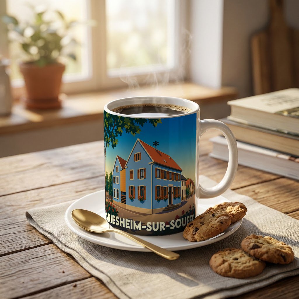 Mug souvenir de la ville de Griesheim-sur-Souffel avec une illustration stylisée d'une maison alsacienne.