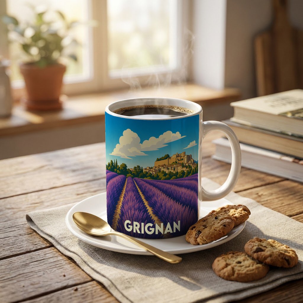 Mug souvenir de la ville de Grignan illustré par un champ de lavande et son château.