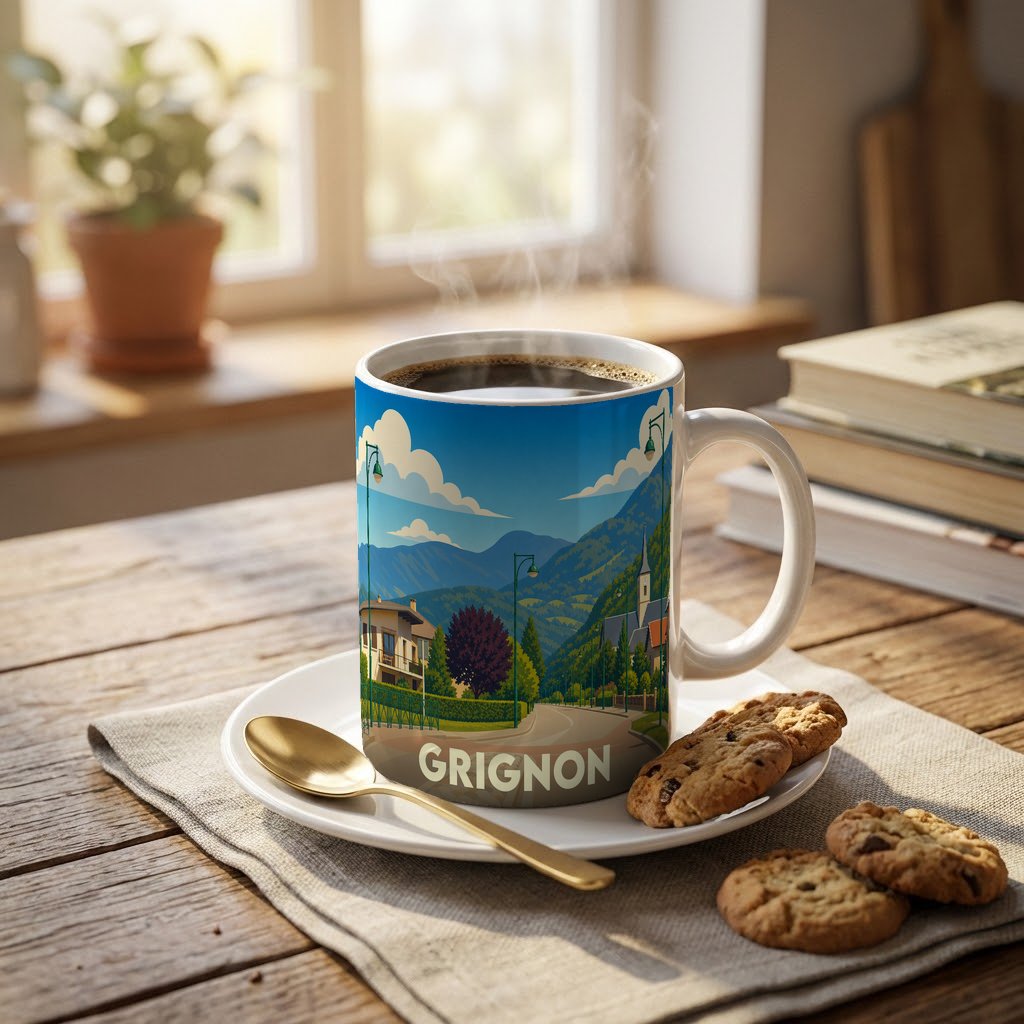 Mug souvenir de la ville de Grignon orné d'une illustration paysagère stylisée.