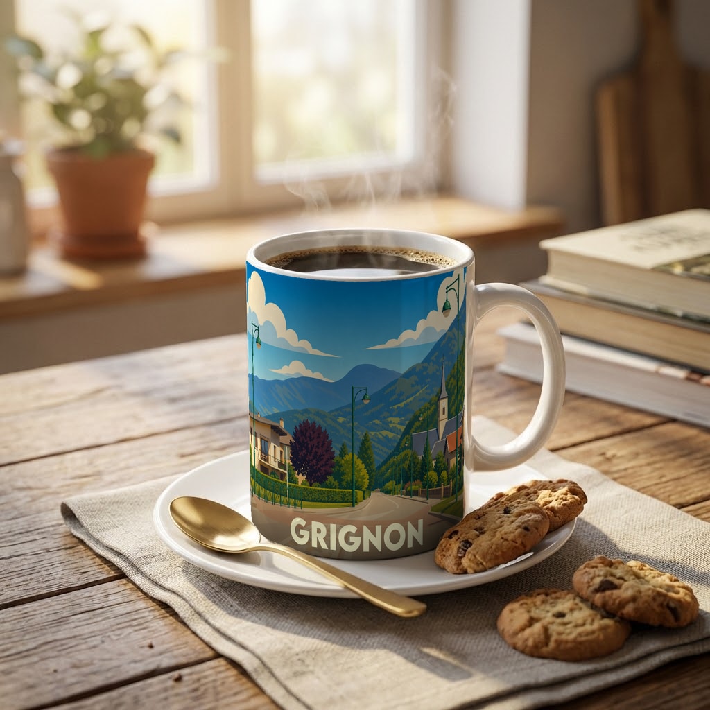 Mug souvenir de la ville de Grignon orné d'une illustration paysagère stylisée.