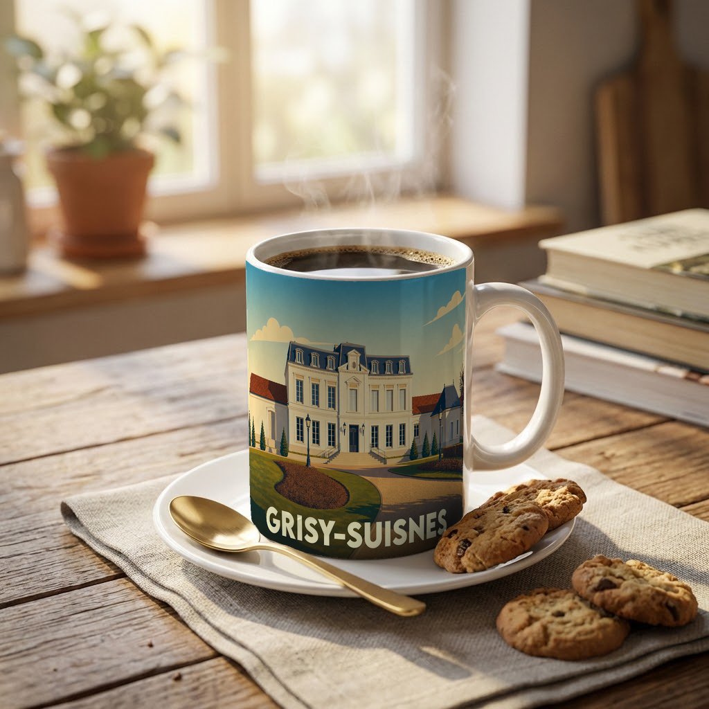 Mug souvenir de la ville de Grisy-Suisnes avec une illustration stylisée d'un château.