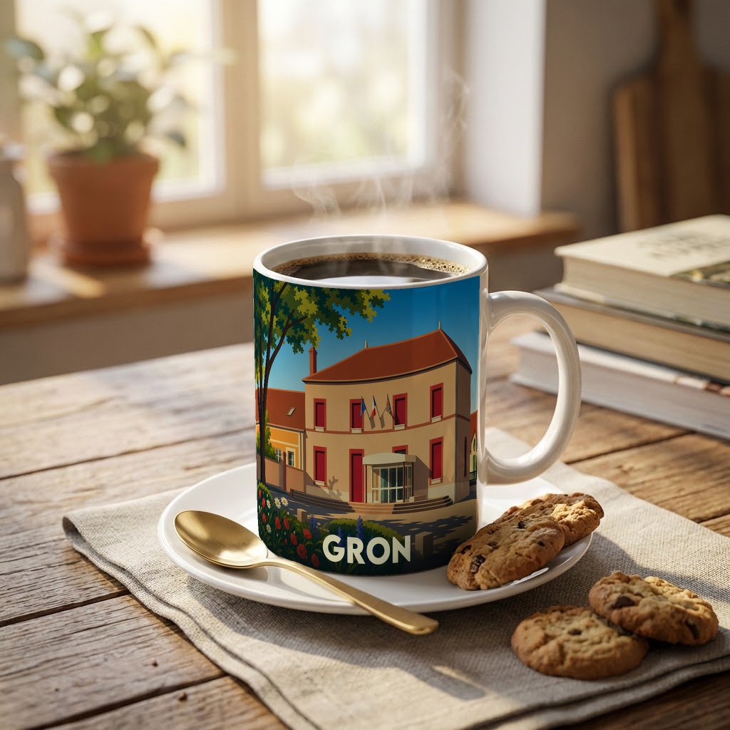 Mug souvenir de la ville de Gron orné d'une illustration stylisée de sa mairie.