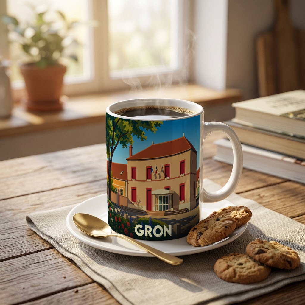 Mug souvenir de la ville de Gron orné d'une illustration stylisée de sa mairie.