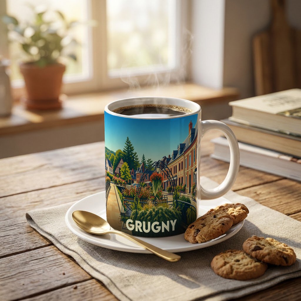 Mug souvenir de la ville de Grugny avec une illustration stylisée d'un paysage urbain fleuri.