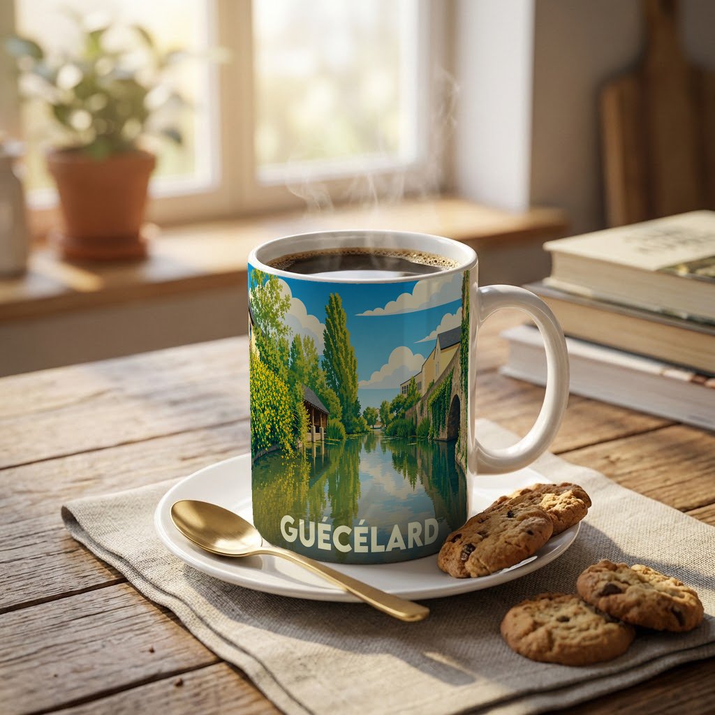 Mug souvenir de la ville de Guécélard avec une illustration stylisée représentant un paysage de rivière.