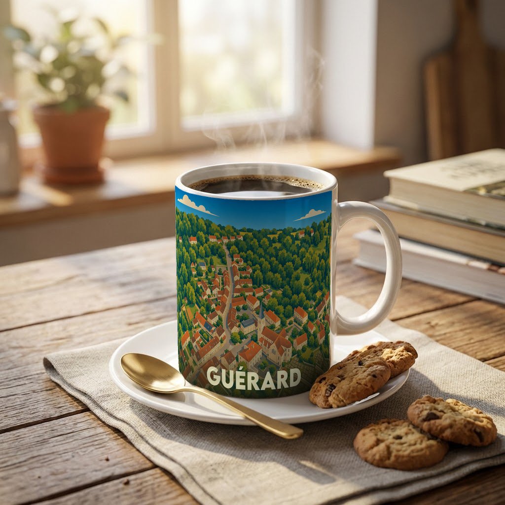 Mug souvenir de la ville de Guérard avec une illustration stylisée vue du ciel.