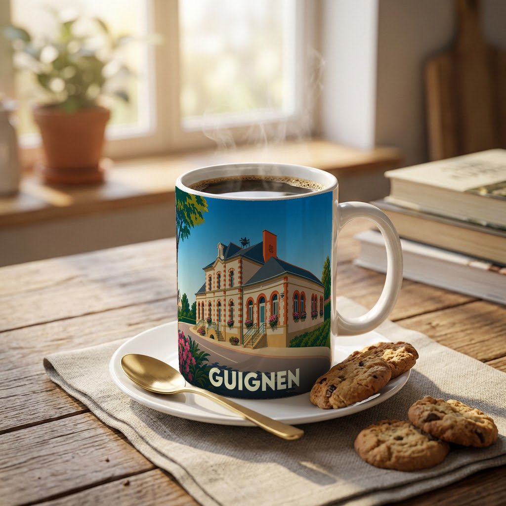 Mug souvenir de la ville de Guignen orné d'une illustration stylisée de sa mairie.