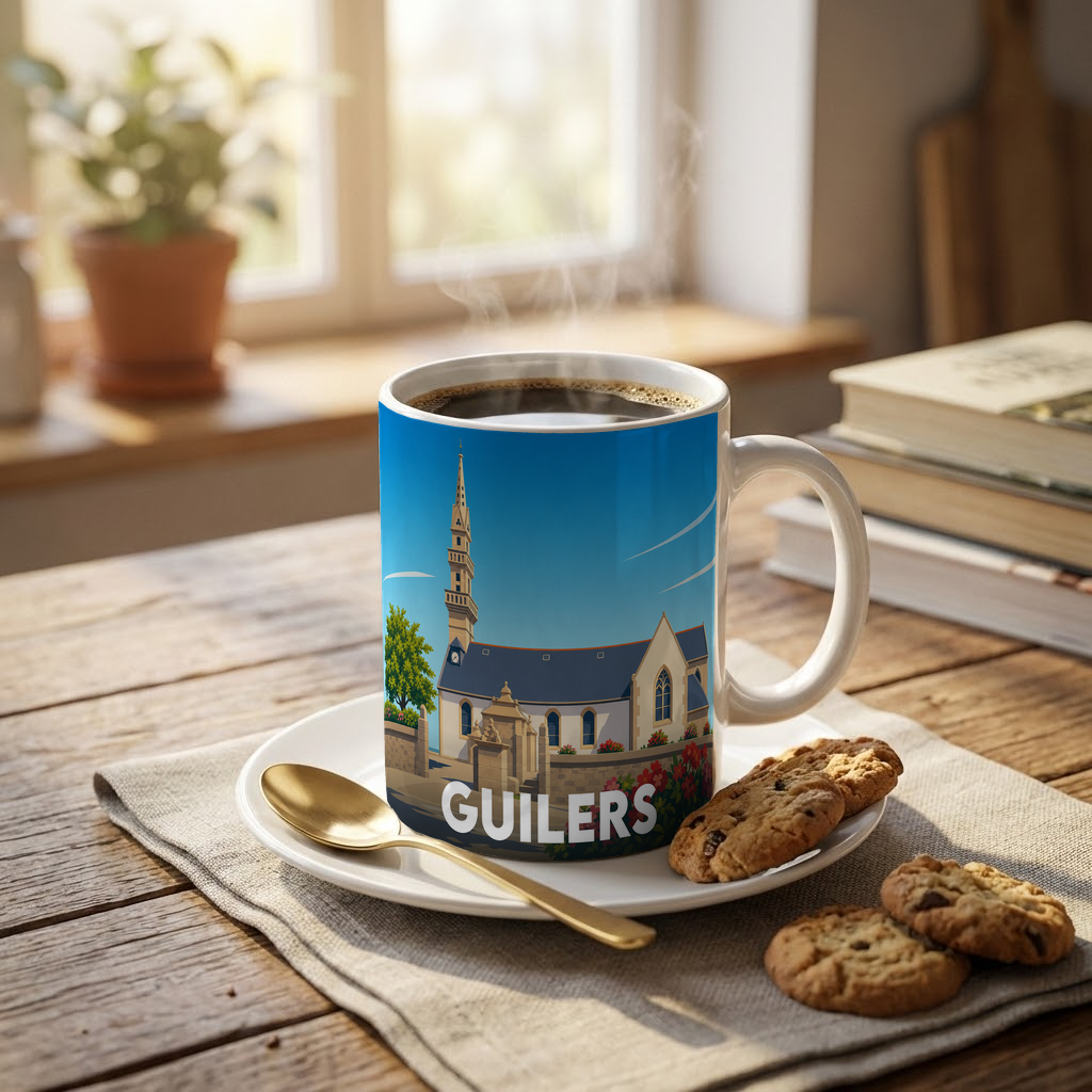 Mug souvenir de la ville de Guilers avec une illustration stylisée de son église et de ses paysages.
