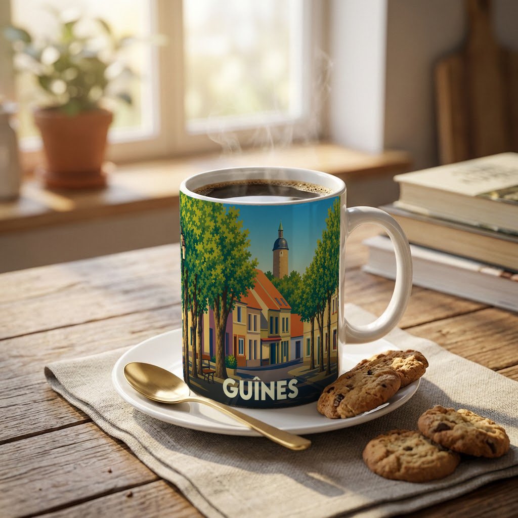 Mug souvenir de la ville de Guînes orné d'une illustration colorée et stylisée de son paysage urbain.