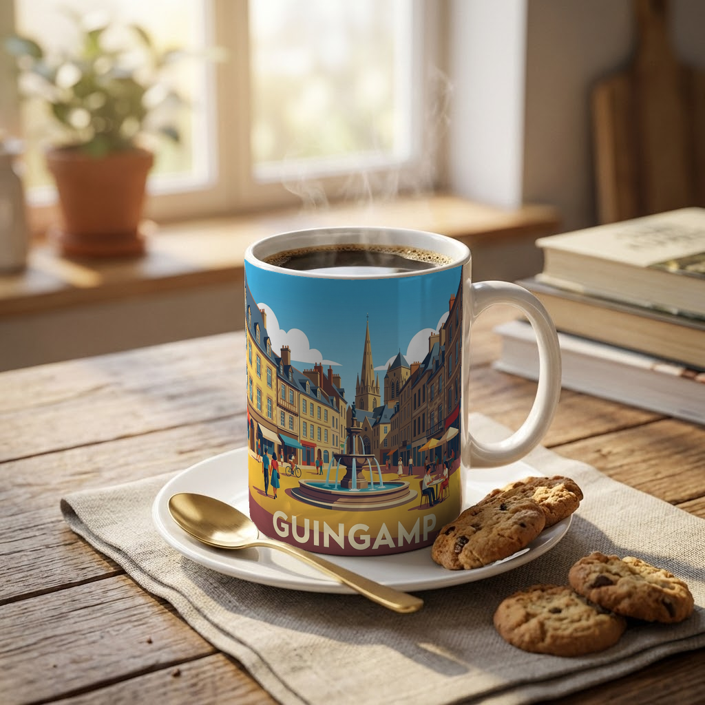Mug souvenir de la ville de Guingamp avec une illustration stylisée.