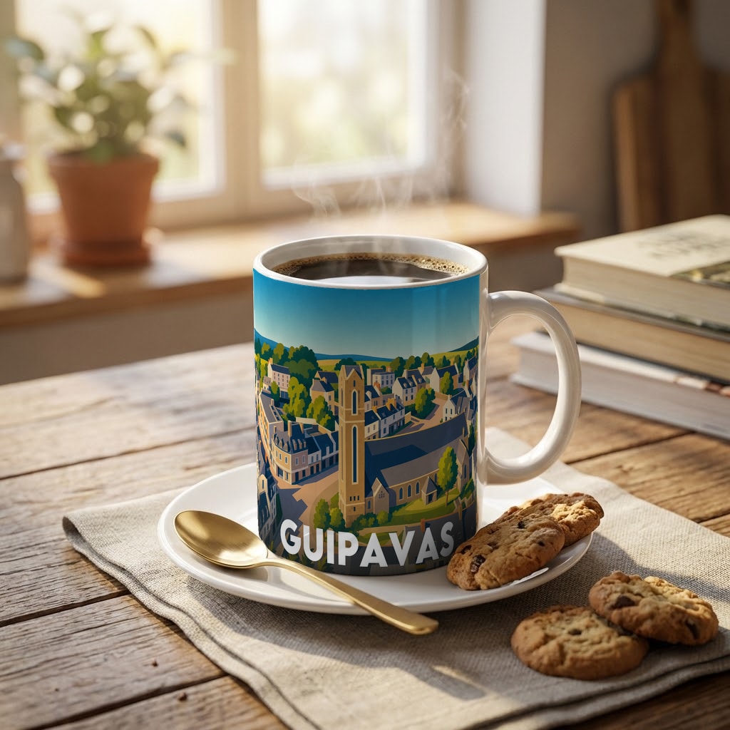 Mug souvenir de la ville de Guipavas avec une illustration stylisée.
