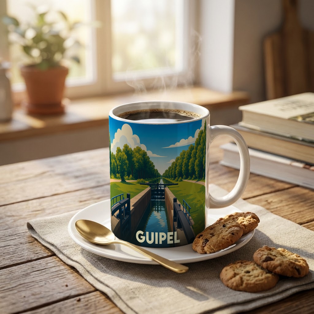 Mug souvenir de la ville de Guipel avec une illustration stylisée d'une écluse sur un canal.