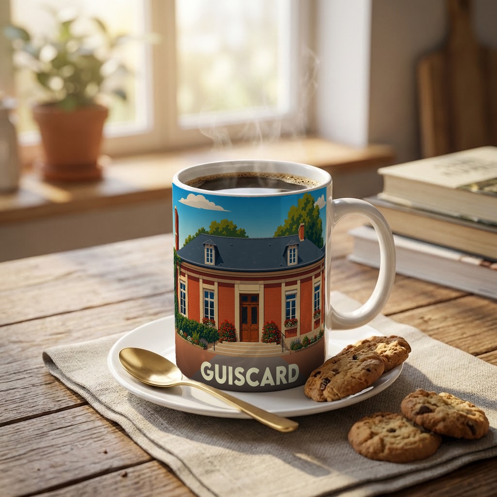 Mug souvenir de la ville de Guiscard illustré d'un bâtiment élégant en briques rouges.