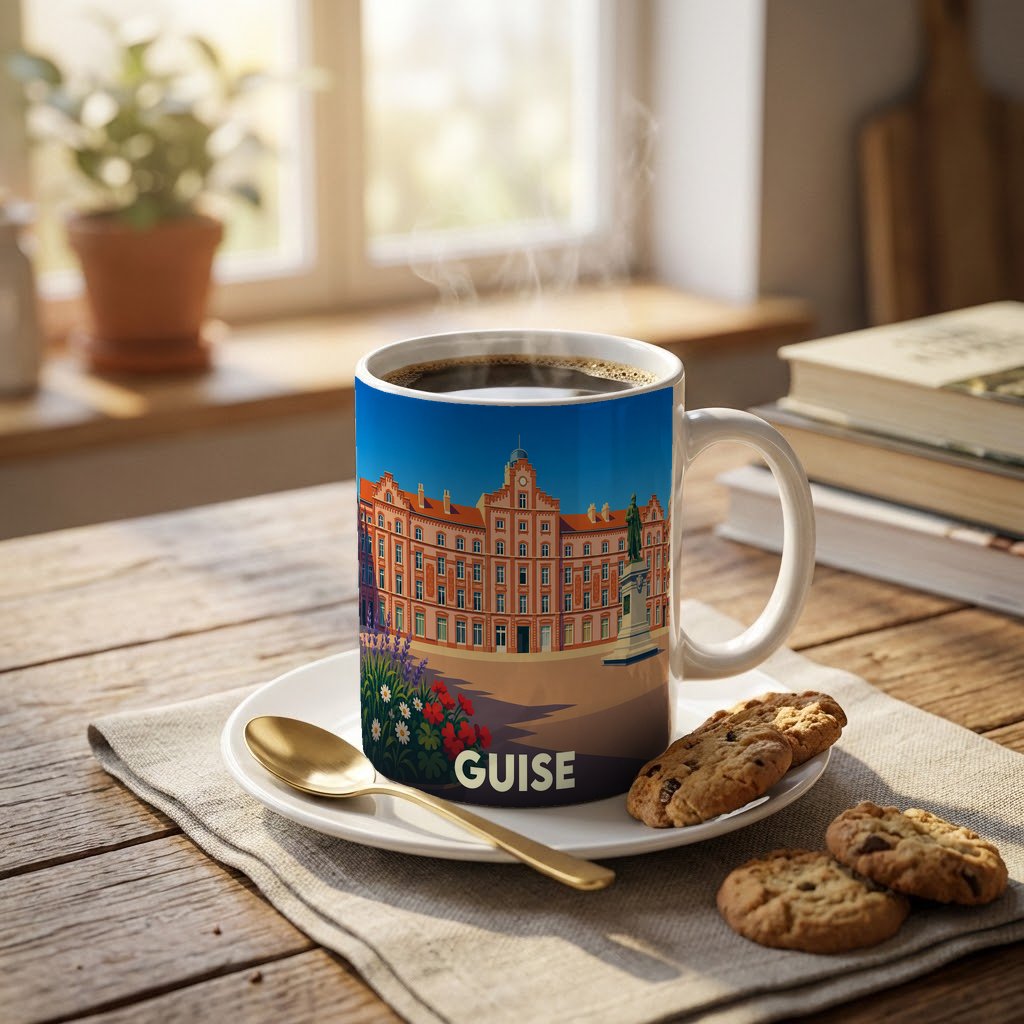 Mug souvenir de la ville de Guise avec une illustration stylisée du Familistère.