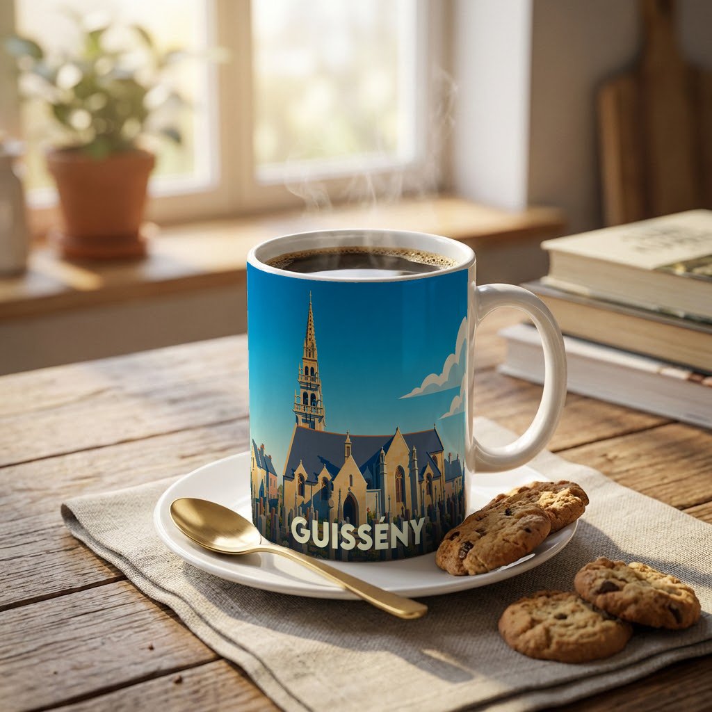 Mug souvenir de la ville de Guissény avec une illustration stylisée de son église et de son clocher.