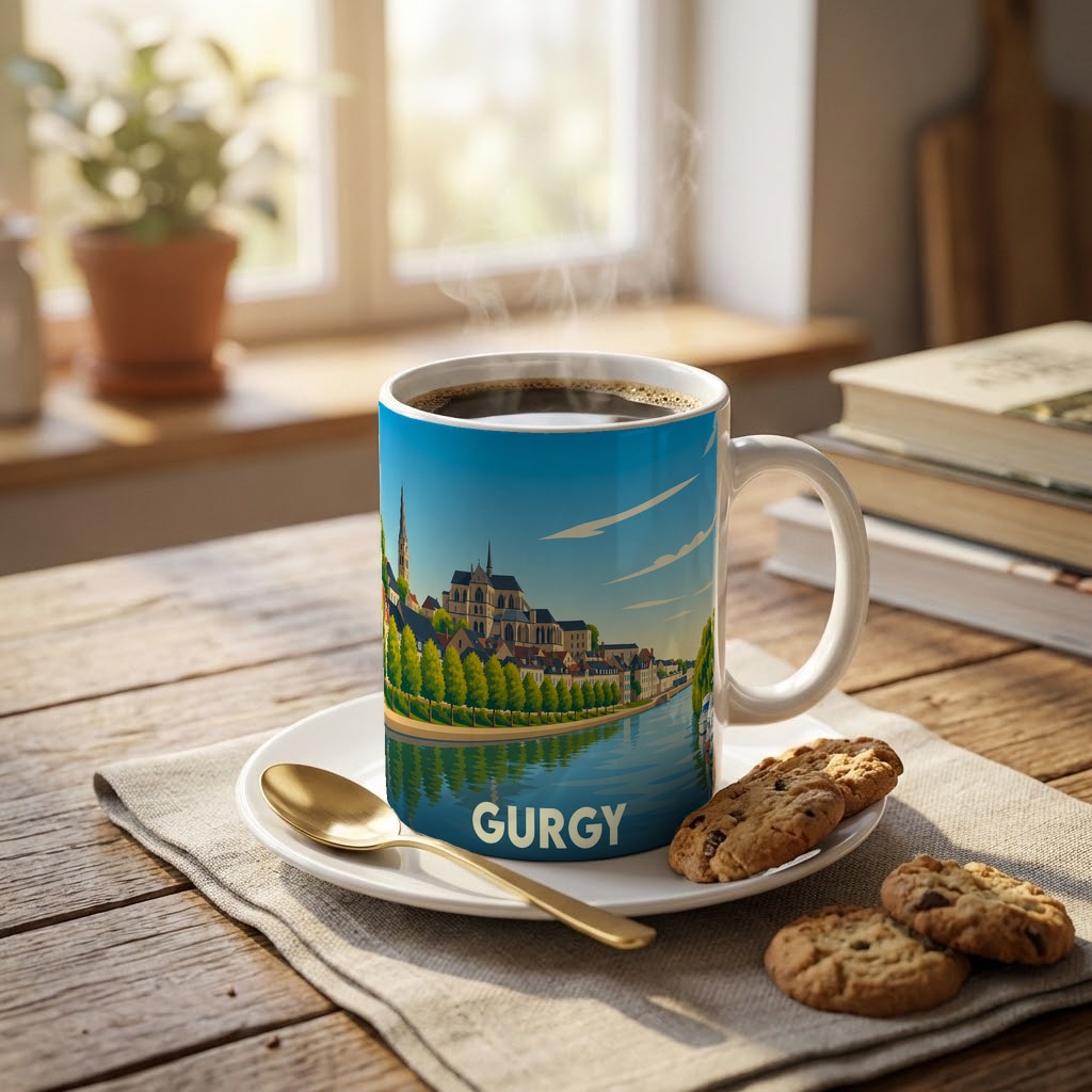 Mug souvenir de la ville de Gurgy illustré d'un paysage urbain au bord de l'eau.