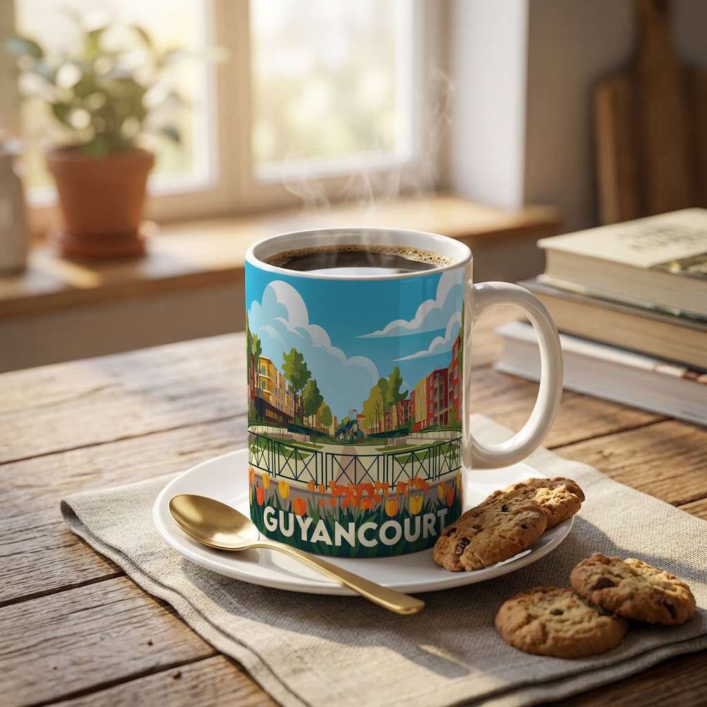Mug souvenir de la ville de Guyancourt avec une illustration stylisée.