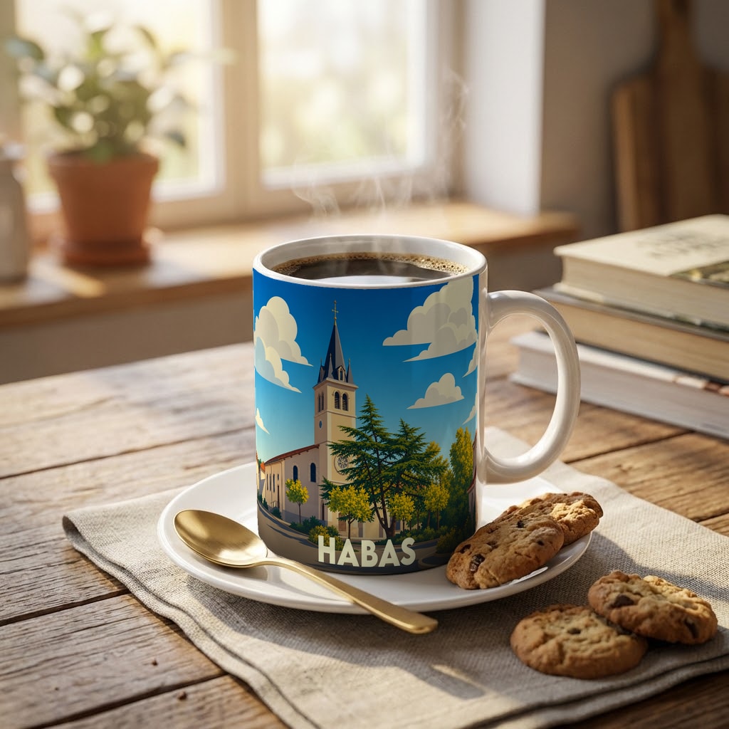 Mug souvenir de la ville de Habas illustré par un paysage stylisé avec son église.
