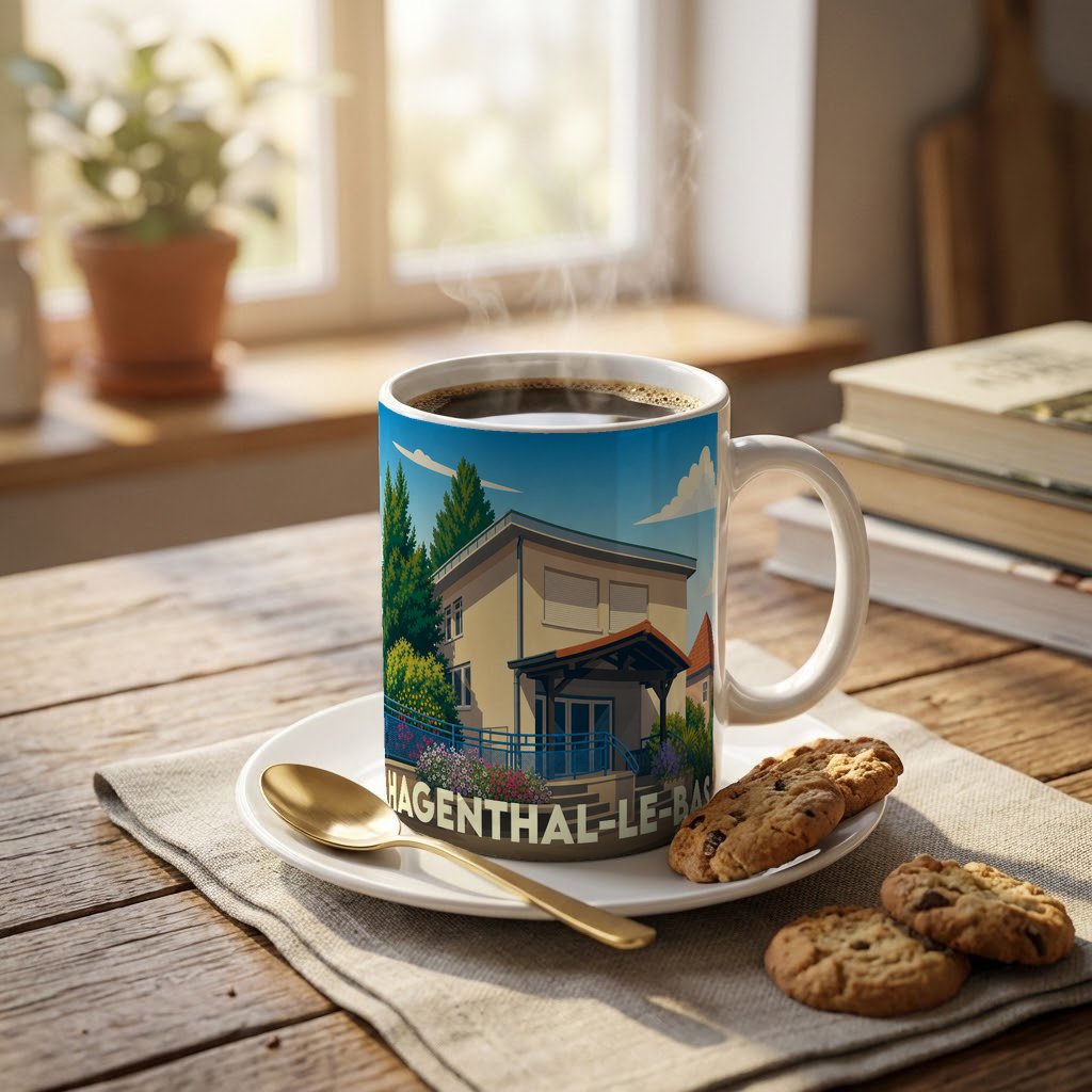Mug souvenir de la ville de Hagenthal-le-Bas avec une illustration stylisée d'une maison.