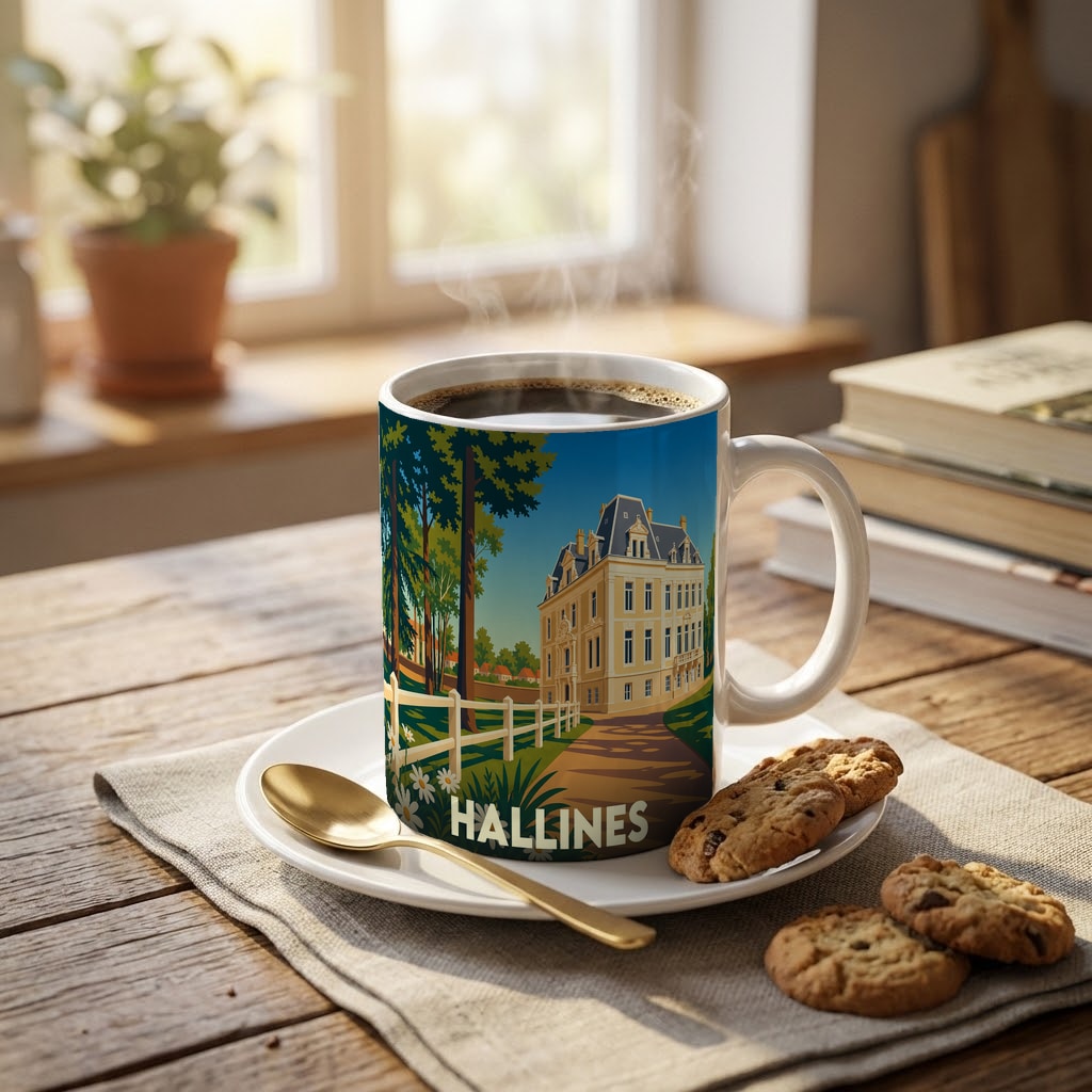 Mug souvenir de la ville de Hallines illustré d'un manoir majestueux dans un style rétro.