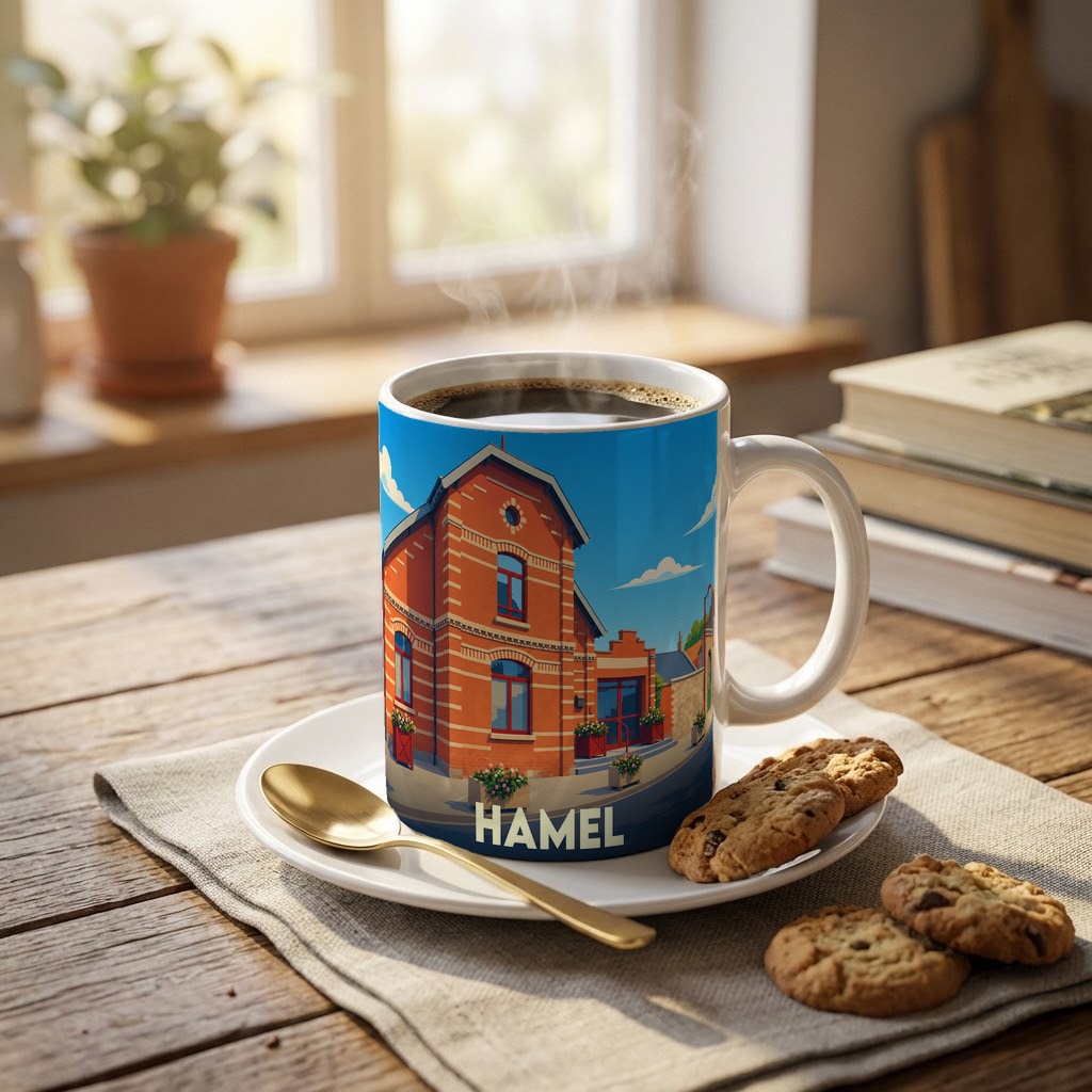 Mug souvenir de la ville de Hamel avec une illustration stylisée d'un bâtiment en briques rouges.