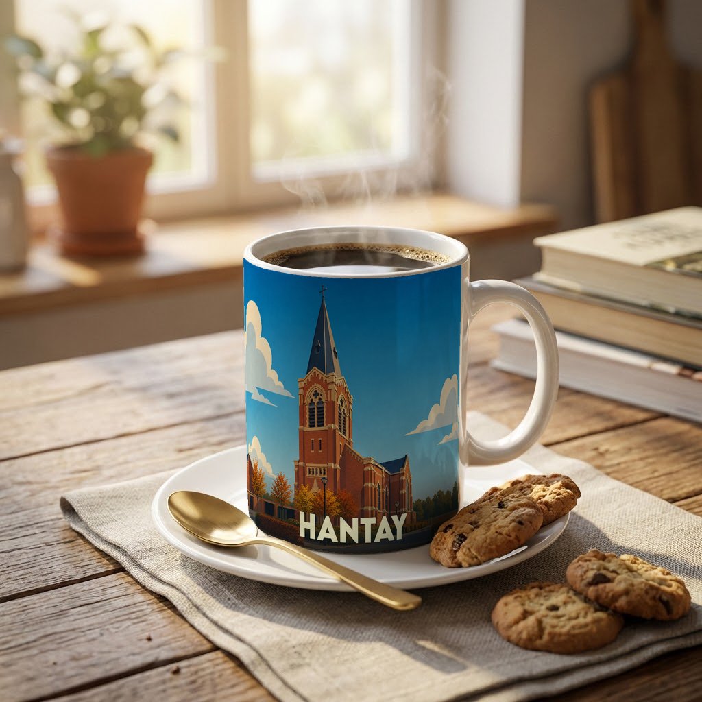 Mug souvenir de la ville de Hantay avec une illustration stylisée de son église.