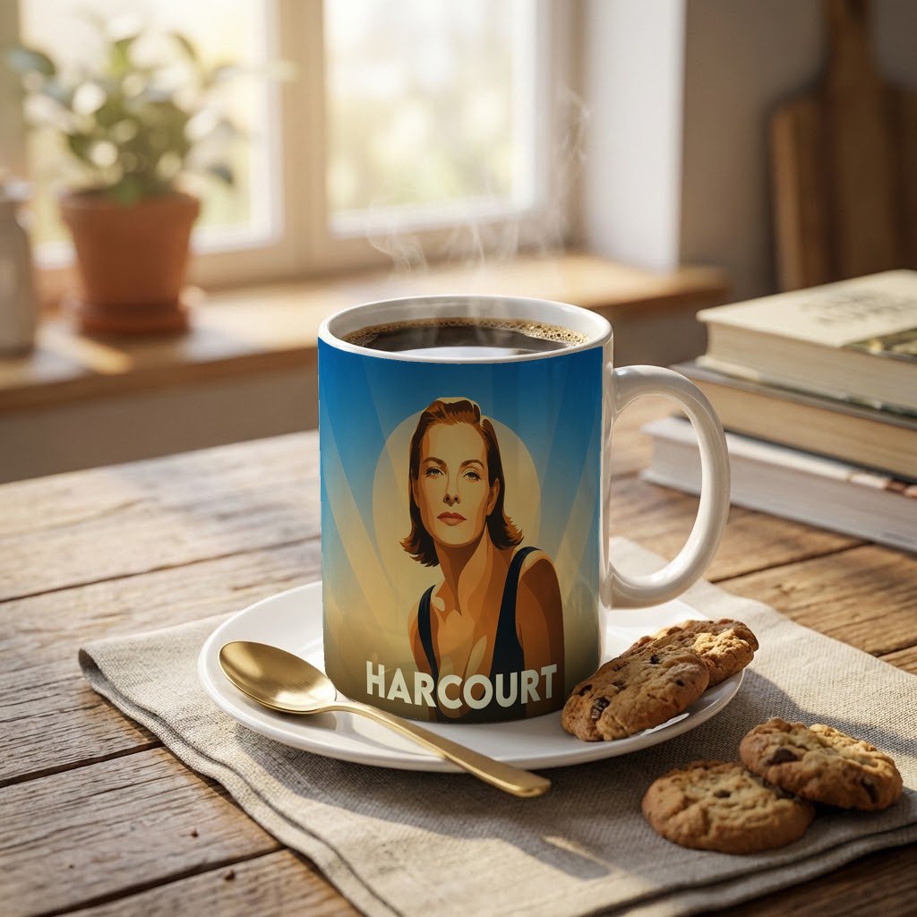 Mug souvenir de la ville de Harcourt orné d'un portrait illustré de style rétro.