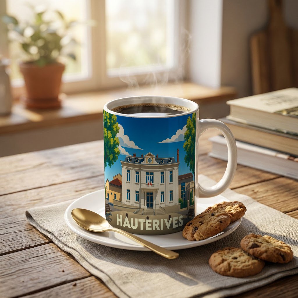 Mug souvenir de la ville de Hauterives avec une illustration stylisée de son hôtel de ville.
