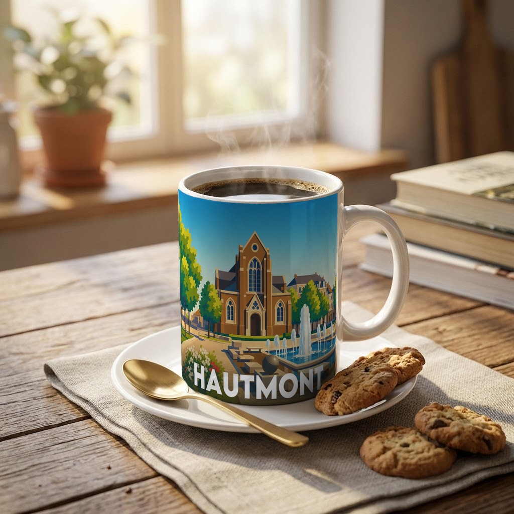 Mug souvenir de la ville de Hautmont avec une illustration stylisée.
