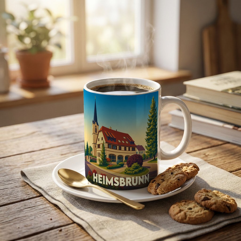 Mug souvenir de la ville de Heimsbrunn avec une illustration stylisée d'un bâtiment traditionnel.