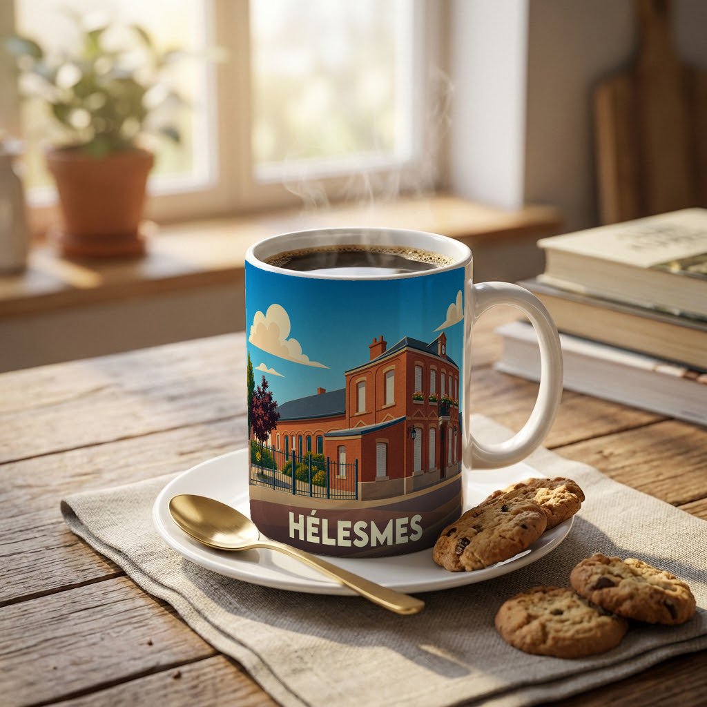Mug souvenir de la ville de Hélesmes avec une illustration stylisée.