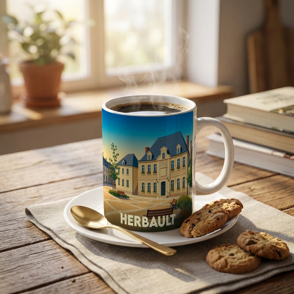 Mug souvenir de la ville de Herbault illustré d'un dessin stylisé de sa place principale.